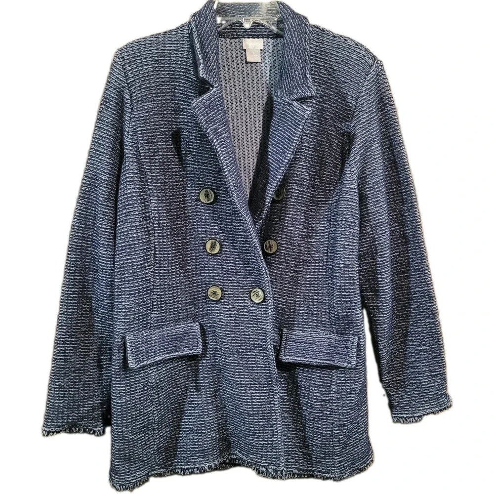 Chico's Double Breasted Jacket Size 3/XL Blue Faux-Tweed Knit Frayed Edge Office